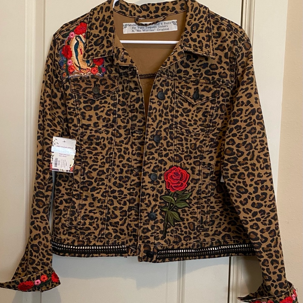 Embroidered Leopard Print Jean Jacket